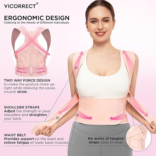Vicorrect Posture Corrector for Women and Men: Back Support Brace Relieve Upper Back Shoulders Pain (Pink, Medium)