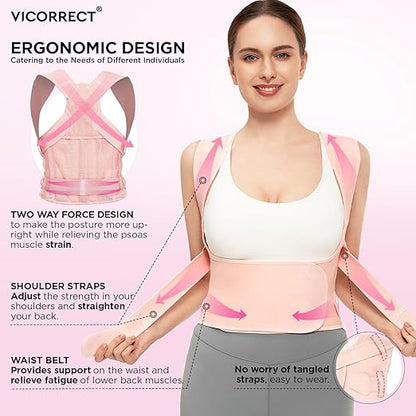Vicorrect Posture Corrector for Women and Men: Back Support Brace Relieve Upper Back Shoulders Pain (Pink, Small)