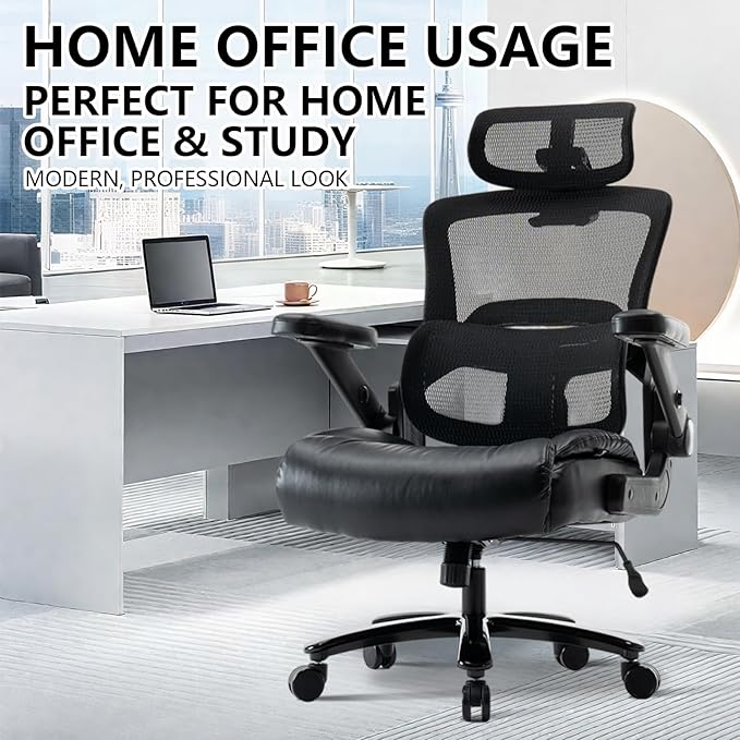 Ergonomic Office Chair with Flip-Up Arms, Mesh Back, Adjustable Headrest, Padded Seat Cushion, Lumbar Support, High Back Desk Chair for Home Office – 330lbs Capacity