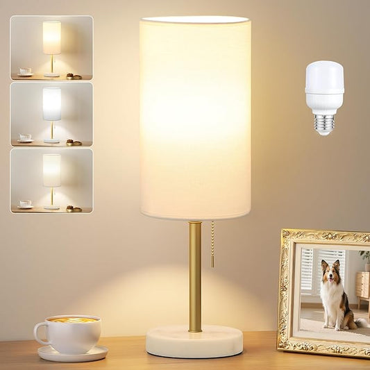Dicoool Tall Bedside Table lamp for Bedroom - Luxury Marble Base & 3 Color Temperatures Bedside Lamps with USB Ports, Pull Chain Gold Table Lamps, White Nightstand Lamps for Living Room/Guest Room