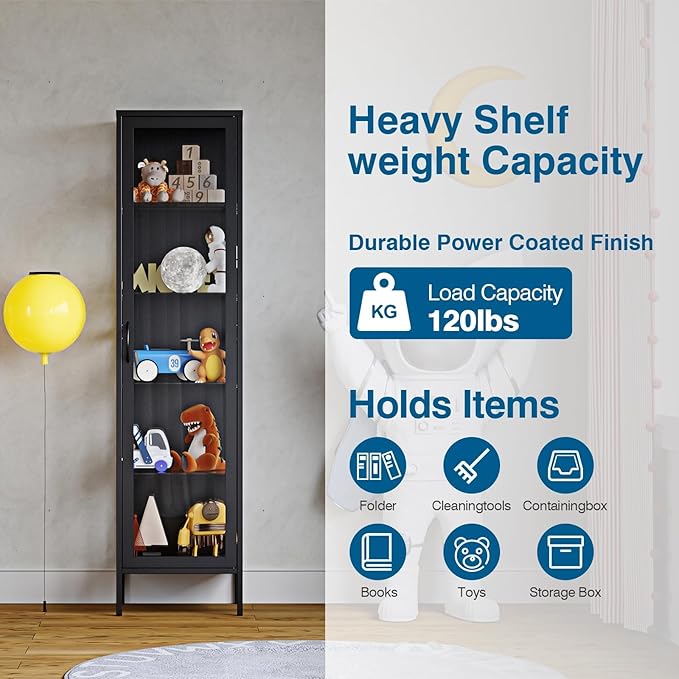 Display Storage Cabinet with Glass Doors, 71 Inches Metal Curio Cabinets with 4 Adjustable Shelves, HD&Tempered Glass Cabinet Display Case for Home, Office, Pantry, Assemble Required (Black)