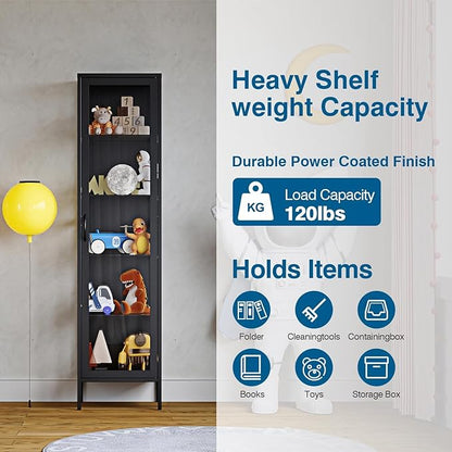 Display Storage Cabinet with Glass Doors, 71 Inches Metal Curio Cabinets with 4 Adjustable Shelves, HD&Tempered Glass Cabinet Display Case for Home, Office, Pantry, Assemble Required (Black)