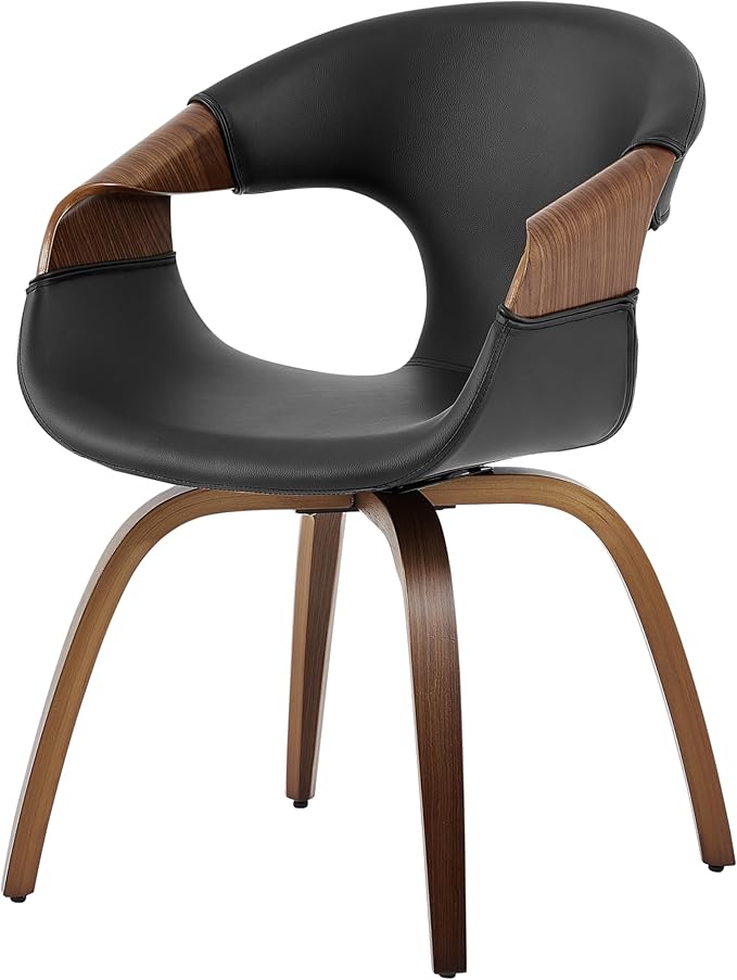 Art Leon Desk Chair No Wheels, Mid Century Modern Office Chair, Faux Leather Upholstered Swive Chair with Wood Legs for Living Room Bedroom, Walnut Bentwood, Black/Walnut