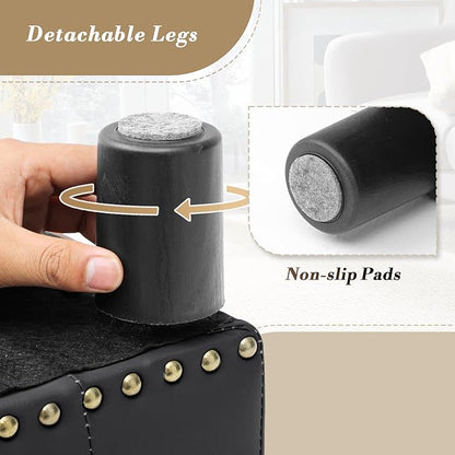 Athena Collection Small Ottoman Foot Rest, Leather Upholstered Foot Stool Ottoman Modern Small Storage Ottoman Rectangular Foot Rest for Couch Mini Ottoman Footstool with Legs & Nailhead Trim, Black