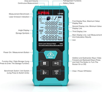 Kiprim Green Laser Distance Meter, 328ft Measuring Tool with USB Type-C Rechargeable Battery, ±1/16" Accuracy, Electronic Level, 10 Modes, Class II Laser, Reflector Plate LD100