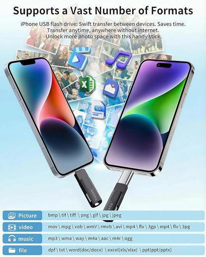 MFi Certified 512GB Flash Drive for iPhone & iPad, High-Speed Photo Stick for External Memory Storage, Backup & Transfer Files, USB Stick for iPhone/iPad/iOS/Android/PC (Available Space: ~484GB)Black