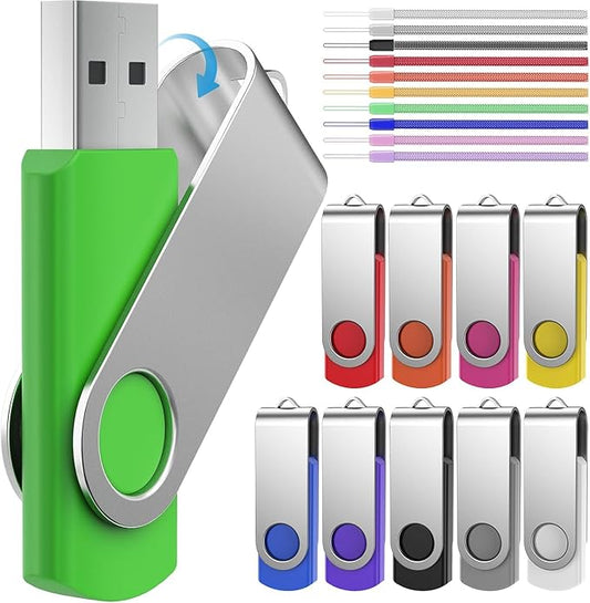 FEBNISCTE 16GB Flash Drive,Thumb Drive 10 Pack,Memoria USB 2.0 Multi-Coloured, USB Thumb Drive 16gb Swivel mit 10 Cords Jump Drive Stick with LED Light for Data Storage/Transfer