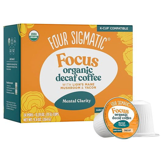 Four Sigmatic Decaf Mushroom Coffee K-Cups | Organic Dark Roast Coffee with Lion’s Mane & Yacon | Focus & Immune Support | Vegan & Keto | Sustainable Pods | 24 Count