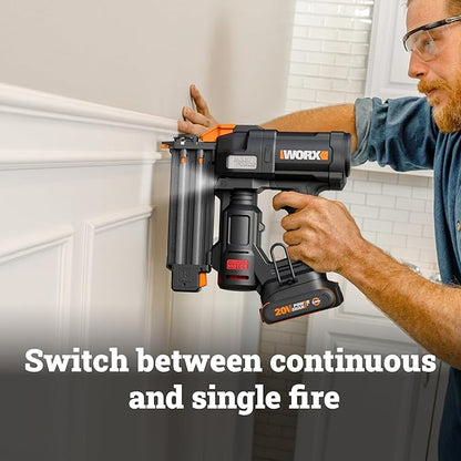 WORX Brad Nailer Cordless, 20V 18 ga Brushless Nail Gun Cordless, High Driving Power, Up to 2-⅛" into Hardwood, Narrow Nose, 3 LEDs, 3000 Nails & 20V 2.0 Ah Battery and Charger Included, PowerShare