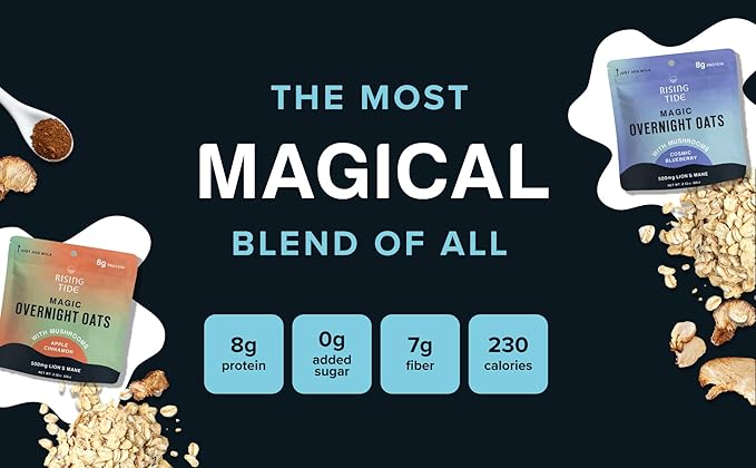 Mushroom Overnight Oats Variety Pack (8 Pack) – Superfood Lions Mane Mushroom, Chia & Flax Seed - Organic Protein Oatmeal - High Fiber, Vegan, Gluten Free, Low Sugar - Easy Prep Plant Protein - Apple Cinnamon & Blueberry