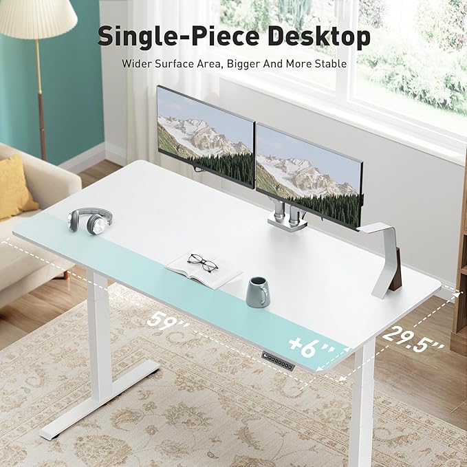 Pro 3 Stages Dual Motor 59 x 30 in Electric Standing Desk with One Piece Desktop, Adjustable Height, Sit to Stand Up Desk for Home Office, Work Study, White Frame & White Desktop (2 Packages)