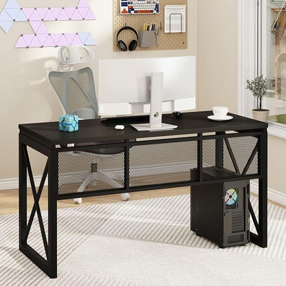 BON AUGURE Black Desk, Wood Computer Desk, Industrial Office Desks, Sturdy Writing Desks for Bedroom, Home Office, Living Room Study Workstation (Black, 54 Inch)