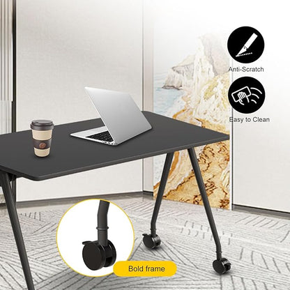 Folding Conference Table, Rectangular Conference Room Tables, Mobile Modular Training Table, Solid Steel Frame,Thickened Panel,for Offices,Meeting Room,Offices andSchools (4, A-Black, 55in)