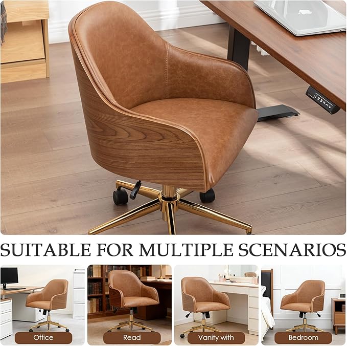 Genuine Leather Office Desk Chair, Adjustable Height Small Modern Comfortable Walnut Vanity Chair, Gold Legs Mid Back 360 Swivel for Home Office, Bedroom, Study, Meeting Room(Vintage Brown)