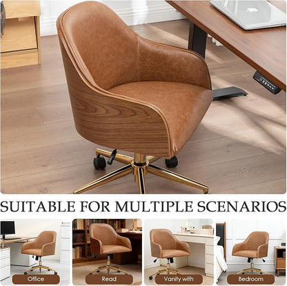 Genuine Leather Office Desk Chair, Adjustable Height Small Modern Comfortable Walnut Vanity Chair, Gold Legs Mid Back 360 Swivel for Home Office, Bedroom, Study, Meeting Room(Vintage Brown)
