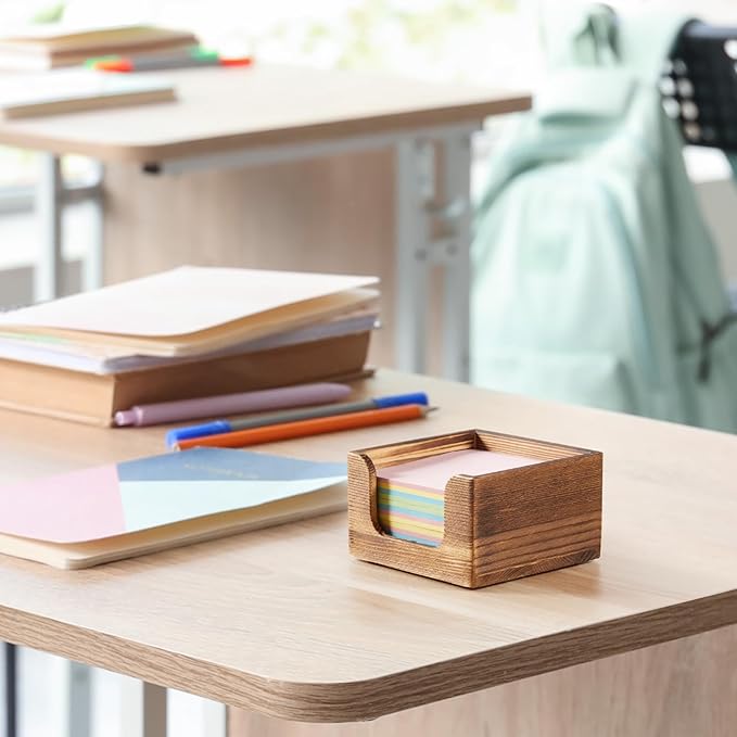 Sticky Note Holder, Burnt Wood Post It Note Dispenser for Office Desk Accessories, Self Stick Note Pad Holder, Memo Pad Holder Dispenser Organizer for School Office Desk Supplies