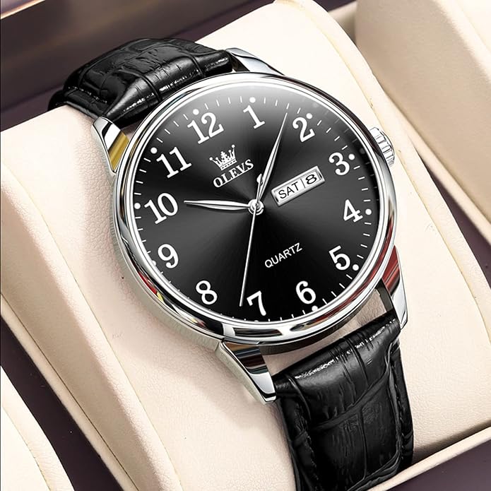 OLEVS Watch Men Mens Watches Watches for Men Leather Band Classic Brown Leather Watch Men, Analog Watch Men, Black Mens Leather Watch, Dress Waterproof Large Face Mens Watch,Relojes para Hombres Watch