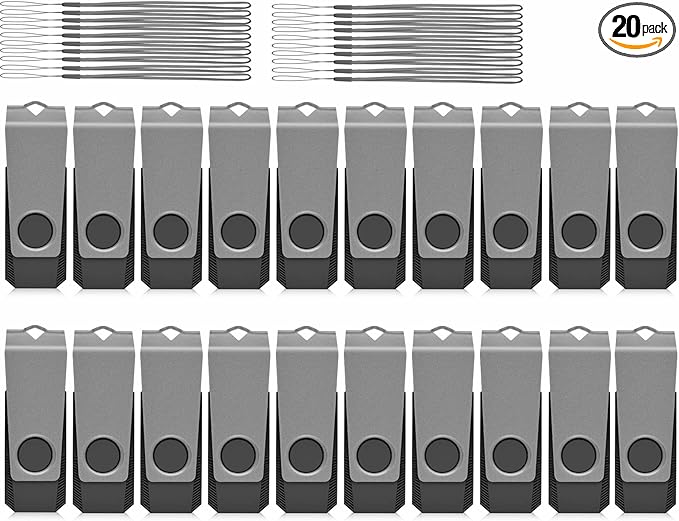 AGECASH 4GB Flash Drives 20 Pack USB 2.0 Flash Drives 4GB Thumb Drive Zip Drive USB Jump Drive Memory Stick with 20PCS Lanyard, Gray