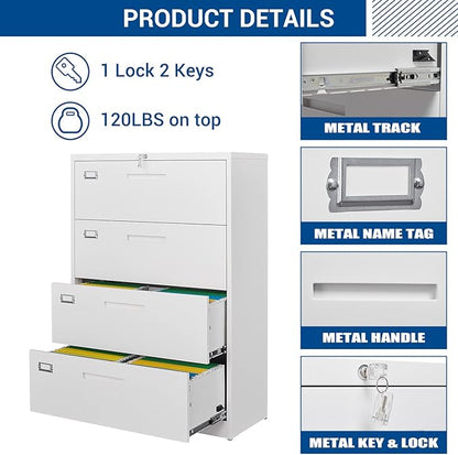 Lateral File Cabinet with Lock, 4 Drawer Large Metal Filing Cabinet,Home Office Lockable Storage Cabinet for Hanging Files Letter/Legal/F4/A4 Size-Assembly Required