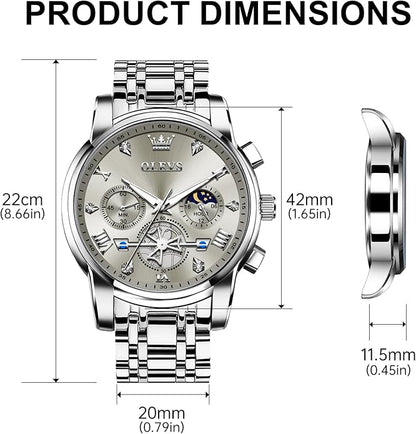 OLEVS Men Silver Watches,Men's Stainless Steel Chronograph Watch,Man Analog Quartz Big Face Male Watches Luxury Waterproof Roman Numeral Dress Diamond Relojes para Hombre