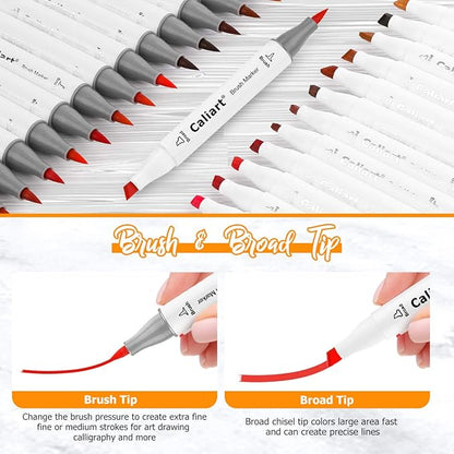 Caliart Alcohol Markers Brush Tip, 121 Colors Dual Tip Coloring Marker Pen Set Brush & Chisel, Art Supplies Kit Gift for Adults Coloring Book Artists Sketch Drawing Illustration
