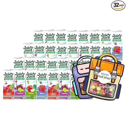 Juicy Juice Variety Pack 100% Juice No Sugar Added On the Go Box 6.75 fl oz 32 Pack + 2 Reusable Snack Bags by KOOL8SHOP Infinite Deals