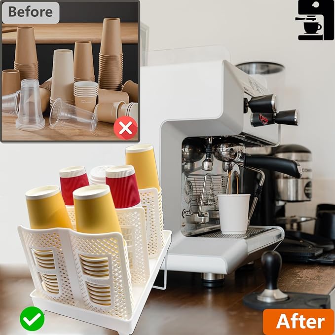 Coffee Cup Organizer Holder, CIT ZCFYU Adjustable Cup and Lid Storage Rack,6 Slots Disposable Paper Cup Dispenser fits 8-22oz,Plastic Cup Stand for Coffee Station Bar Countertop Home Kitchen,White