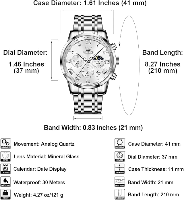 OLEVS Mens Stainless Steel Chronograph Watch, Big Face Roman Numerals Date Analog Quartz Dress Watches for Men, Fashion Multifunctional Waterproof Luminous Hands Men's Wristwatch