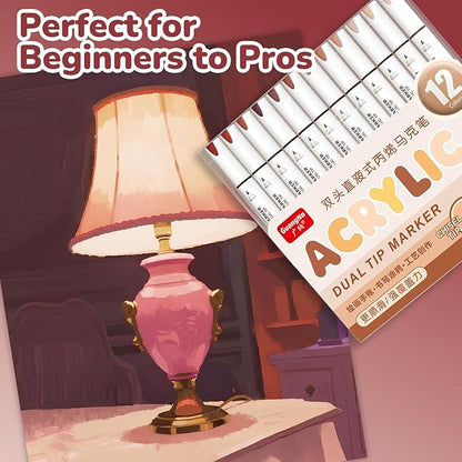 Guangna 12 Red Brown Dual Tip Acrylic Paint Markers, Brush Tip & Chisel Tip Acrylic Paint Pens for Pumpkin Paint, Rock, Wood, Glass, Paper, Coloring Book, Ceramic, Canvas, Water-Based Ink