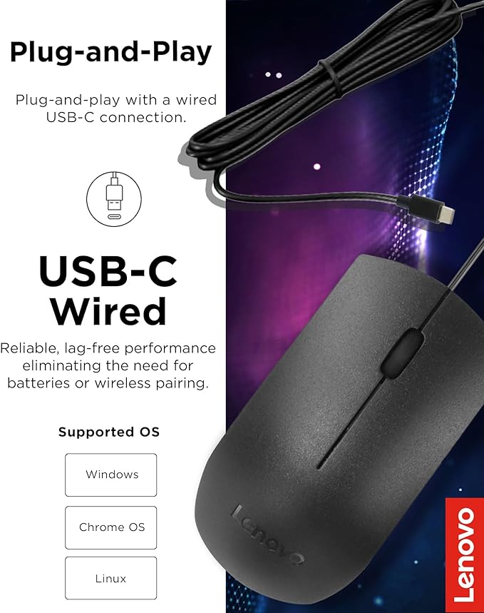Lenovo USB-C Wired Mouse, Full Size Optical, Ambidextrous Design, Black, Ergonomic Shape, Precision Optical Sensor, Plug-and-Play for Right and Left-Handed Users, Durable Performance Gaming PC