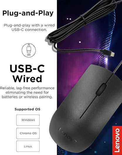 Lenovo USB-C Wired Mouse, Full Size Optical, Ambidextrous Design, Black, Ergonomic Shape, Precision Optical Sensor, Plug-and-Play for Right and Left-Handed Users, Durable Performance Gaming PC