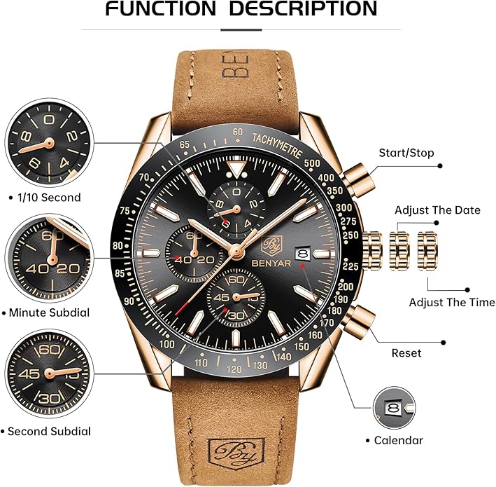BY BENYAR Watch for Men Analog Quartz Chronograph Waterproof Luminous Designer Mens Wrist Watches Business Work Sport Casual Dress Watch with Silicone Strap Elegant Gifts for Men
