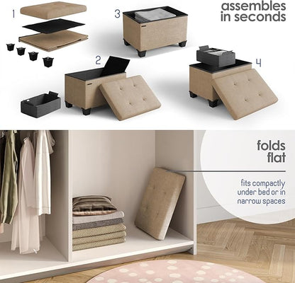 STORAGEBUD Storage Ottoman Cube with Small Bin, 16-in Square Ottoman with Storage for Living Room and Bedroom, Small Ottomans Foot Rest, Fabric Foot Stools Ottomans Max 330lbs, Taupe