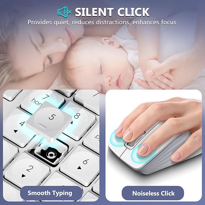 Wireless Keyboard and Mouse Combo, 2.4G Lag-Free Full Size Computer Keyboard and Ergonomic Adjustable DPI Silent Contoured Optical Mouse, Long Battery Life for PC, Windows, MAC Laptop (White)