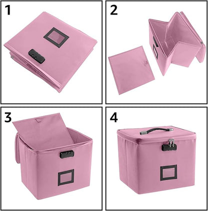 Pink Fire Proof File Box for Documents - Portable Fireproof Document Organizer Box with Handle Waterproof Safe Locking Folder Storage with Lid