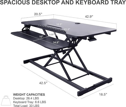 Rocelco 43" Height Adjustable Standing Desk Converter with Anti Fatigue Floor Mat - Tall Stand Up Tabletop Riser and Tablet Slot - Computer Workstation - Deep Keyboard Tray - Black (R VADRB-43-MAFM)