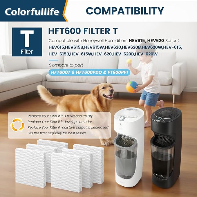 Colorffullife 4 Pack Humidifier Filter T for Honeywell Top Fill Tower Humidifier HEV615, HEV620, Replacement HFT600 Filter T