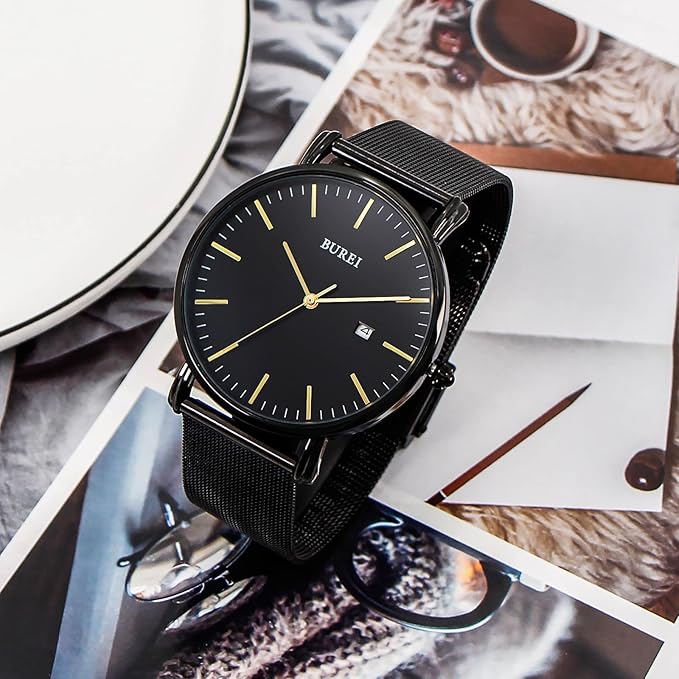 BUREI Men Watches Brown Leather Fashion Minimalist Wrist Watch Simple Ultra Thin Waterproof Quartz Watches All Black Stainless Steel Mesh Band,Gift for Men Women