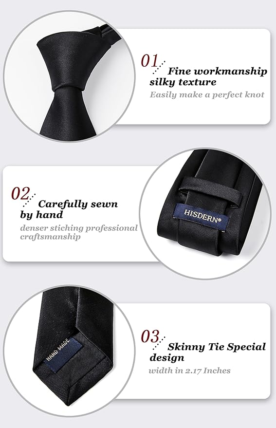 HISDERN Mens Solid Color Ties Formal Satin Necktie and Pocket Square Set Classic Wedding Business Tie & Handkerchief