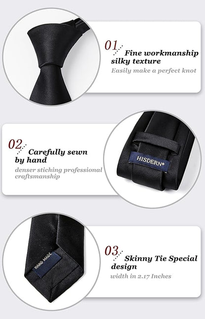 HISDERN Mens Solid Color Ties Formal Satin Necktie and Pocket Square Set Classic Wedding Business Tie & Handkerchief