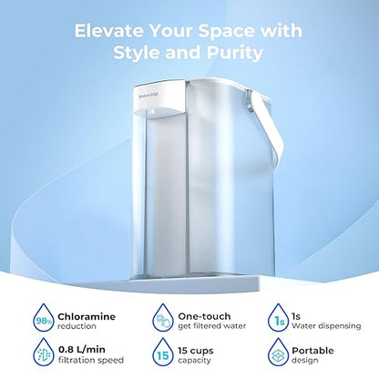Waterdrop 98% Chloramine Reduction Electric Water Filter Pitcher, Rechargeable Water Dispenser, Instant 200-Gallon 15-Cup Countertop Purifier, NSF/ANSI 42, Reduce Lead, PFAS, White, with 1 Filter