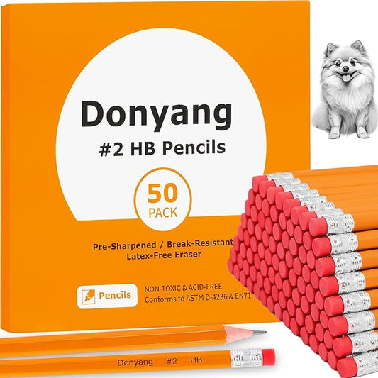 Donyang 50 Pack Wood-Cased #2 HB Pencils, Pre-Sharpened with Erasers, Bulk 2 HB Yellow Pencils for Writing, Drawing, Sketching