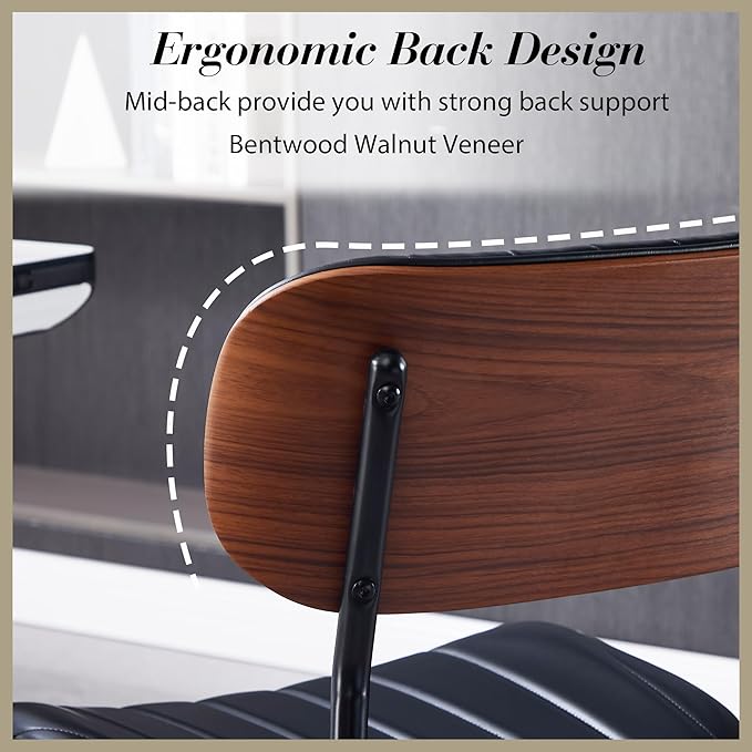 Modern Walnut Home Office Chair，Adjustable Height Desk Chair with Wheels，Armless Computer Chair for Office, Reading Meeting Room, Black