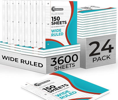 Rosmonde Loose Leaf Paper Bulk, 3600 Sheets, Wide Ruled, 8 x 10.5", Bulk Filler Paper for Office, 56 Gsm Thick Sheets, 3 Hole Punched for Binders, 24 Pack, 150 Sheets/Pack, Notebook Papers, White