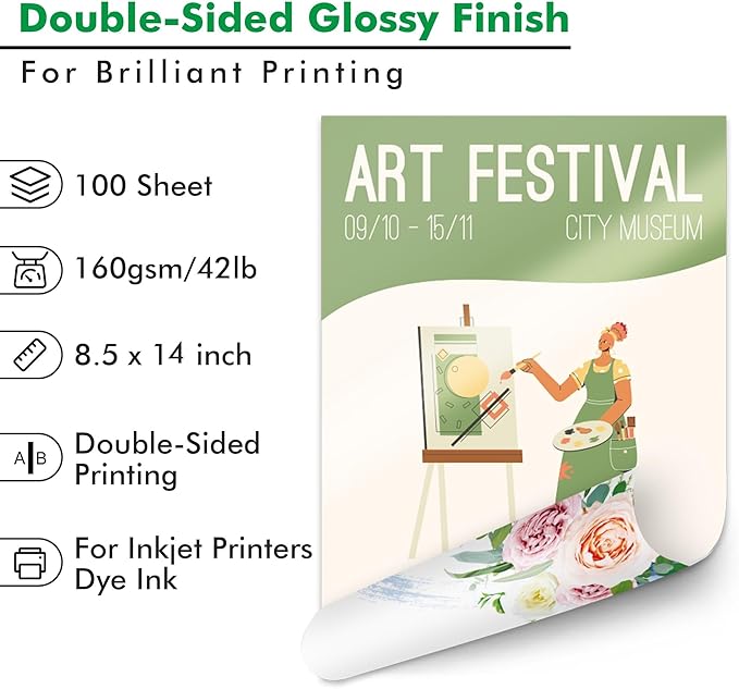 Koala Brochure Paper Double Side Glossy for Printing Photo 8.5X14 Inches Legal Size 100 Sheets Compatible with Inkjet Printer 42LB