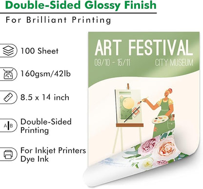 Koala Brochure Paper Double Side Glossy for Printing Photo 8.5X14 Inches Legal Size 100 Sheets Compatible with Inkjet Printer 42LB