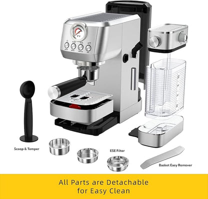 MAttinata CM1633 Cappuccino Machine 20 Bar, Professional Espresso Machines with Automatic Milk Frothering, Barista Compact Latte Maker for Home, with Pressure Gauge for Coffee Lovers, Stainless Steel