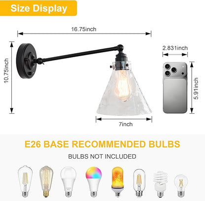 Industrial Vintage Slope Pole Wall Mount Single Sconce with Funnel Flared Clear Glass Shade, Swing Arm Wall Sconce Light Lamp Fixture Hardwired