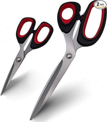 Scissors, 2-pack multi-functional set - stainless steel with comfortable grip. Suitable for handicraft, office cutting, cutting fabric, leather & paper. Ideal for left & right-handed users