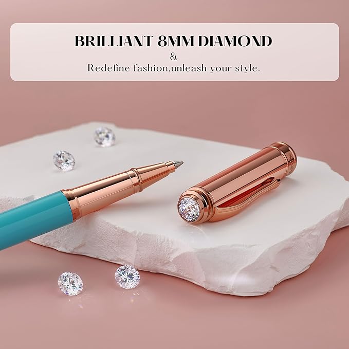 Luxury Rollerball Pen, With 8mm Brilliant diamond,Delicate Green Pen,Attractive Real Rose Gold Finish, Schmidt Black Refill,Glitter Fancy Pens Gifts for Women Wedding Office,Unique, Cute pen